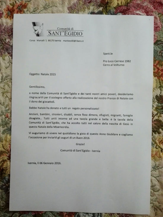 Lettera ringraziamento a Pro Loco Cerro
