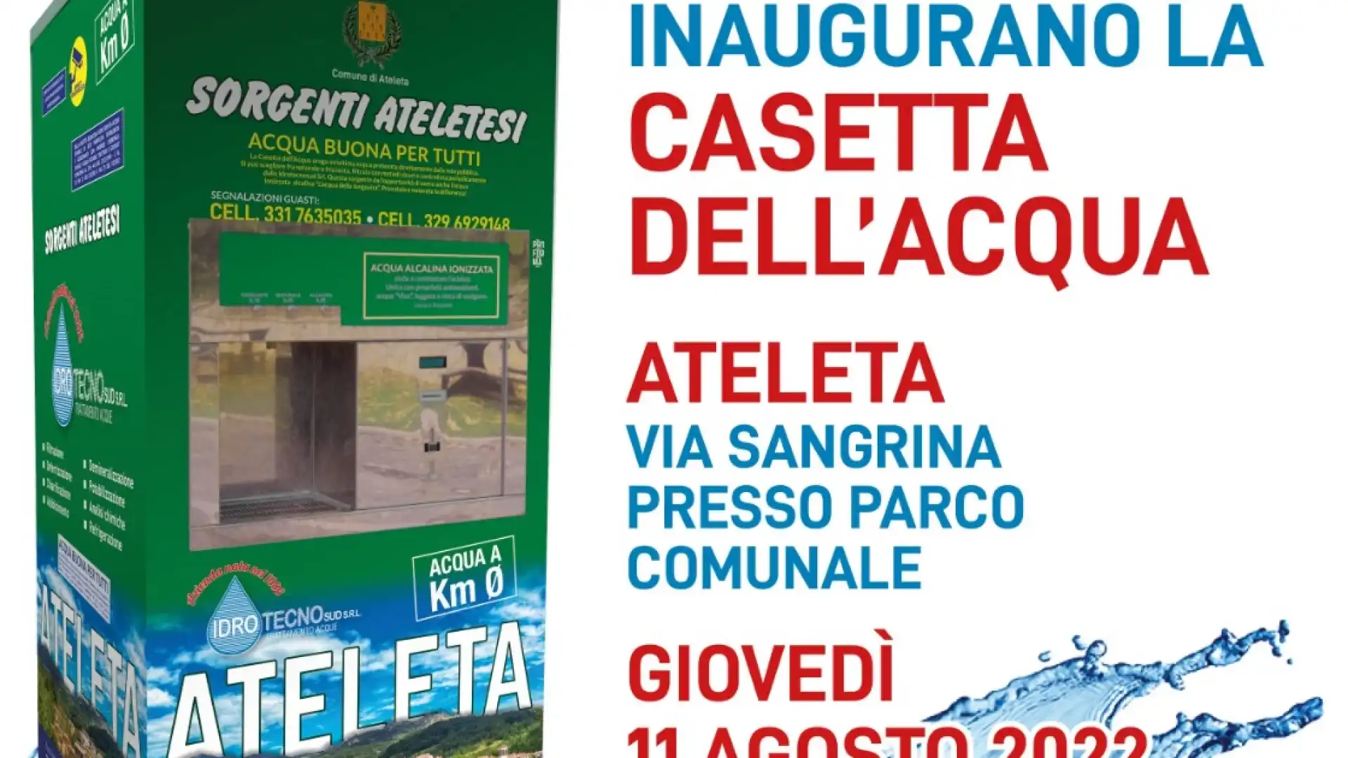 Ateleta: acqua di sorgente alla spina. Giovedì 11 agosto l’inaugurazione della Casetta dell’Acqua.