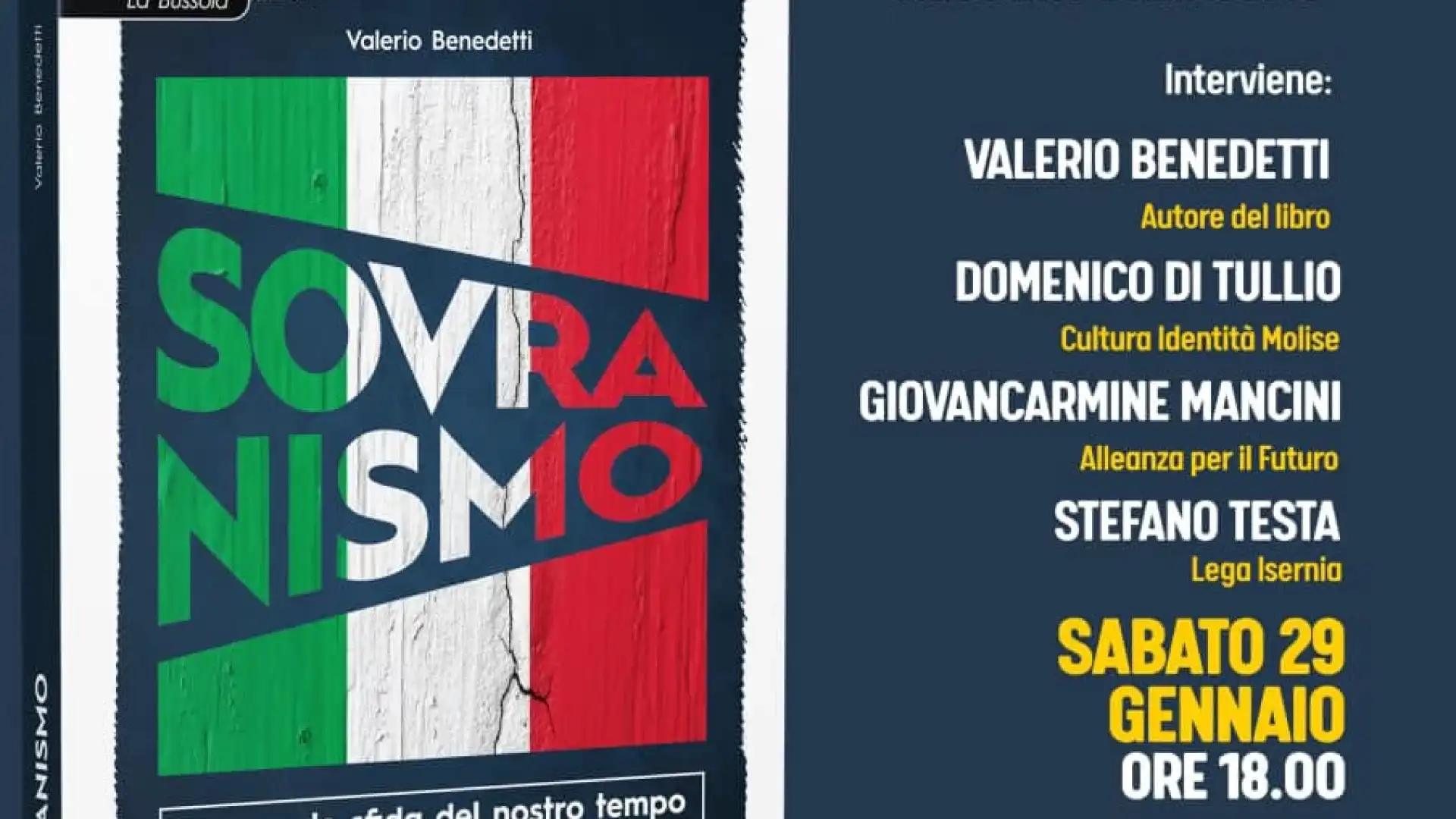 Isernia: Sabato 29 gennaio presentazione de volume ‘Sovranismo’ di Valerio Benedetti presso la Sala Raucci del Comune