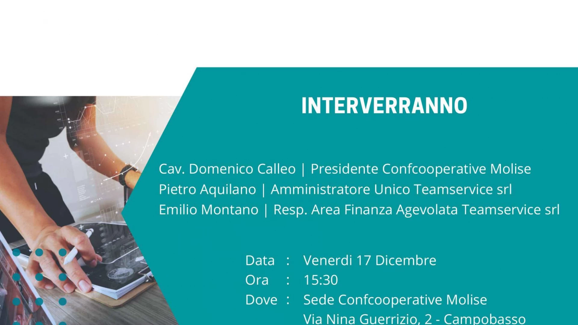 Campobasso: venerdì 17 dicembre l'evento sulla Finanza Agevolata promosso da Confcooperative Molise