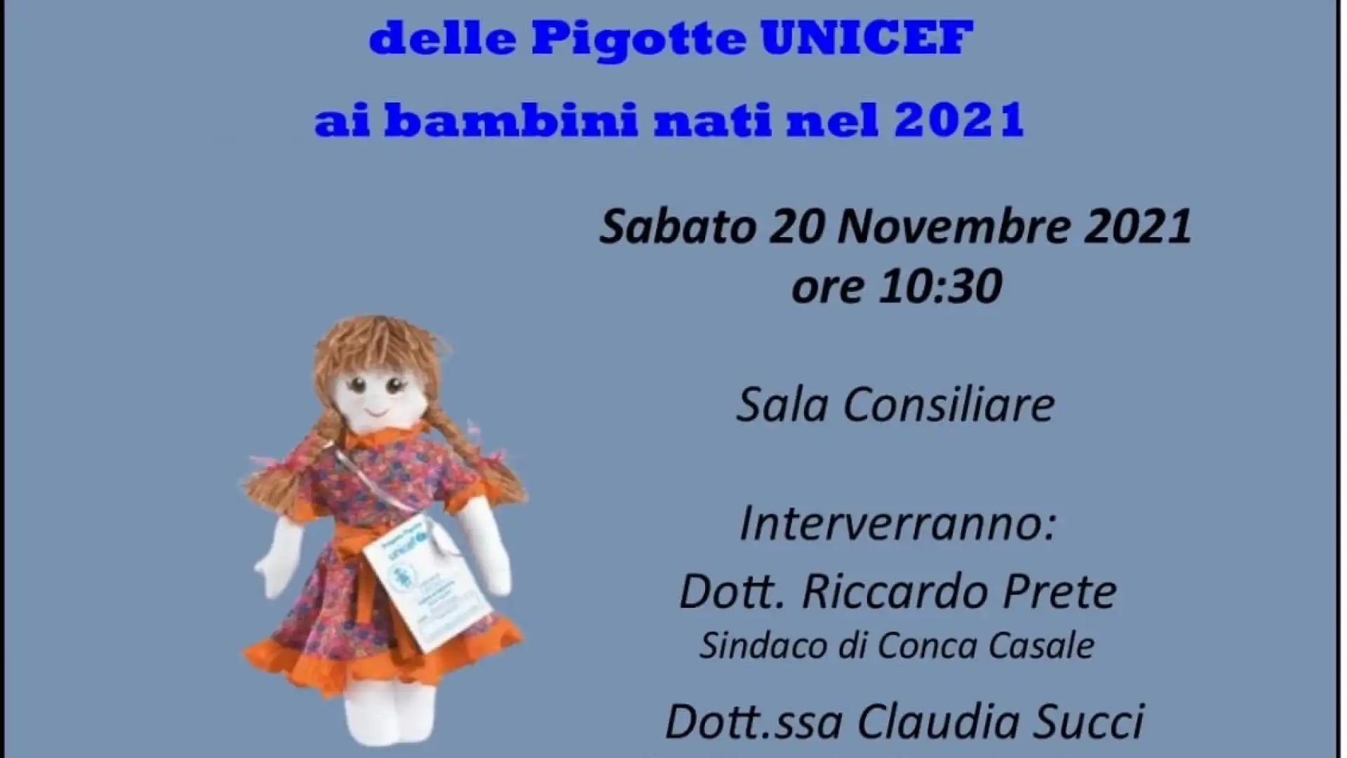 Conca Casale: sabato 20 novembre la consegna della Pigotte Unicef ai bambini nati nel corso dell’anno.