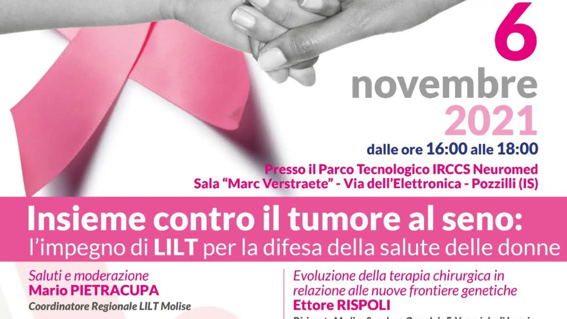 Tumore al seno: Neuromed e LILT promuovono un incontro sugli ultimi approcci di prevenzione e cura nella lotta alla patologia