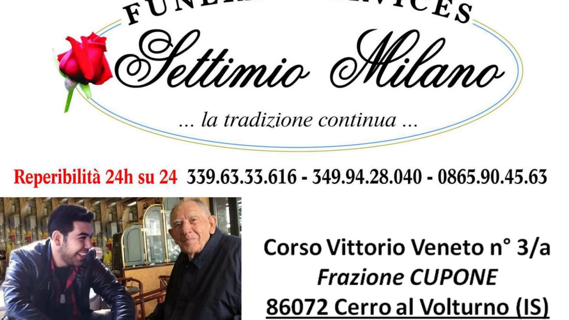 Funeral Services, la  nuova azienda di Settimio Milano Junior. Domenica la benedizione dei locali a Cupone. Reperibilità h24 e cortesia alla base dei servizi offerti.