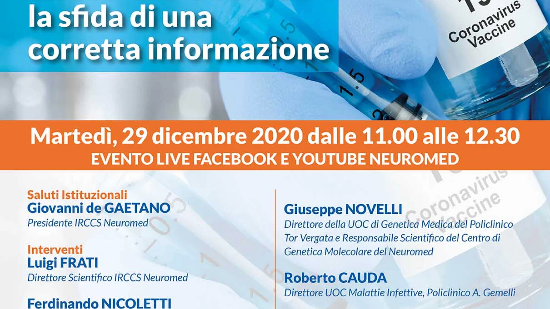 Vaccino anti Covid-19: dal Neuromed una diretta Facebook e YouTube per l’informazione responsabile