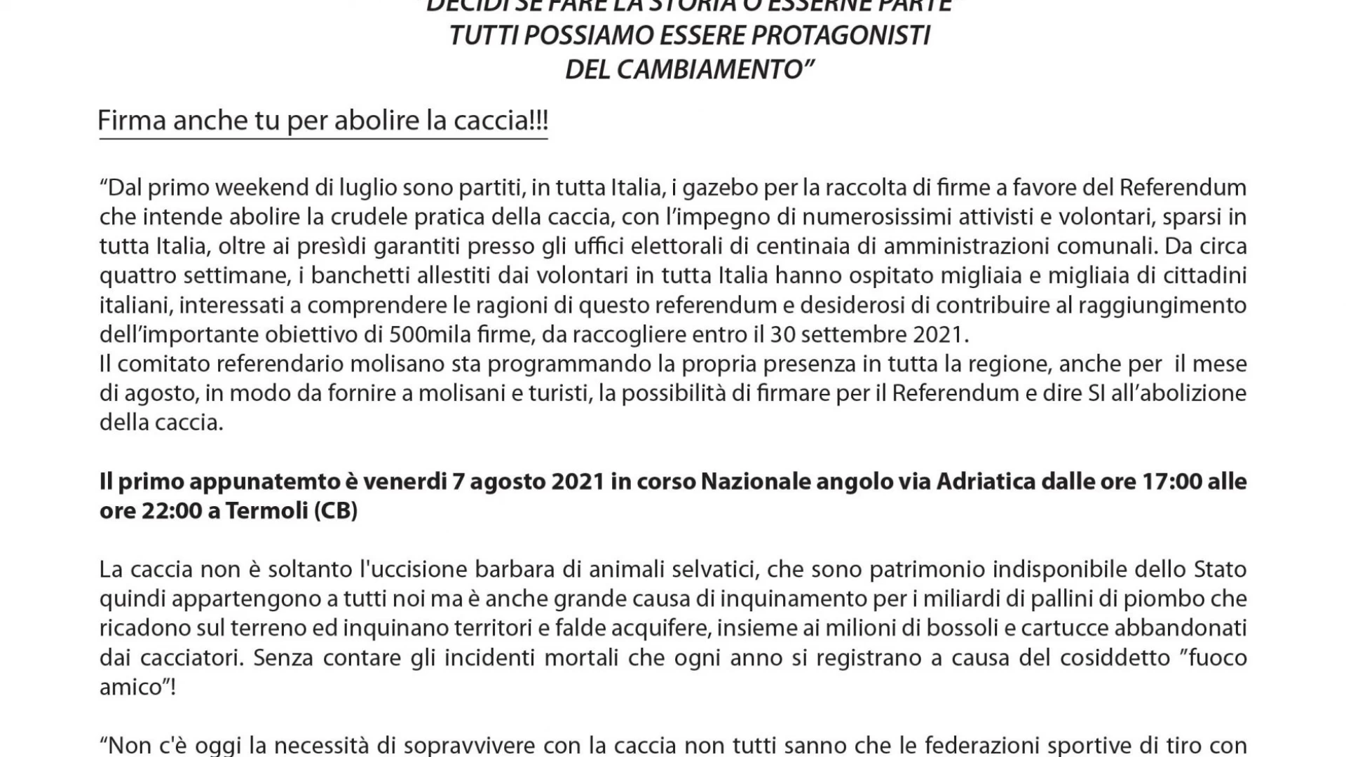 Comitato aboliamo la caccia, al via la raccolta firme per il si anche in Molise