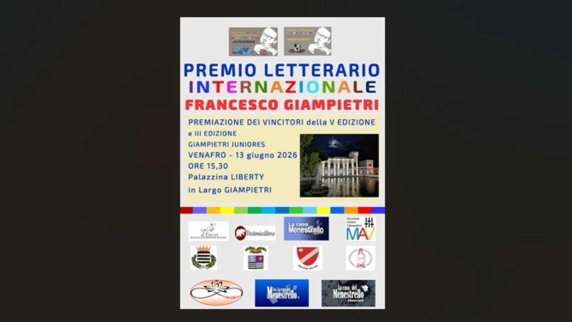 Venafro: sabato 13 giugno alla Palazzina Liberty la premiazione del premio internazionale dedicato a Francesco Giampietri.