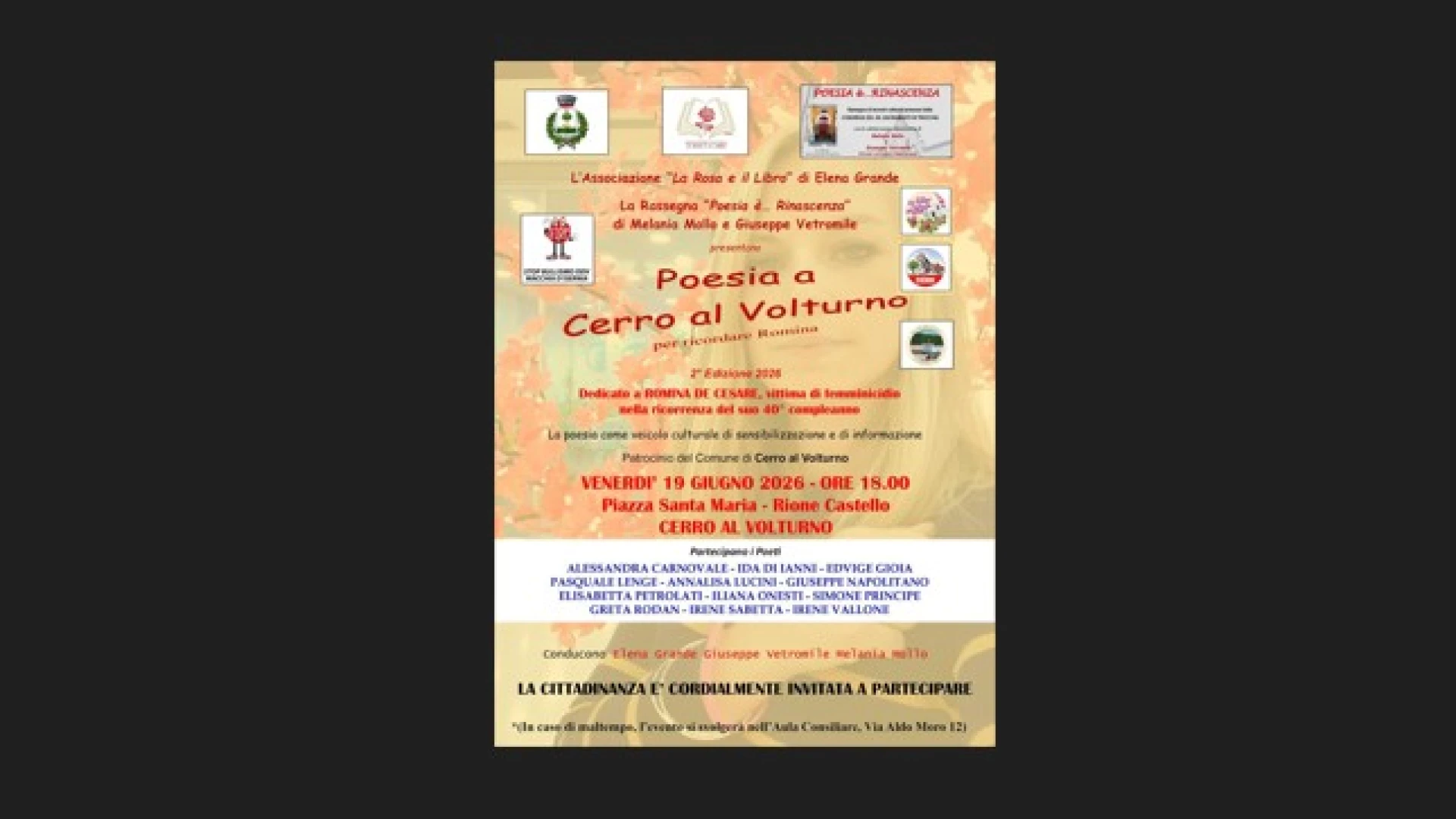 Torna “Poesia a Cerro al Volturno”: la seconda edizione dedicata a Romina De Cesare nel segno della sensibilizzazione contro il femminicidio