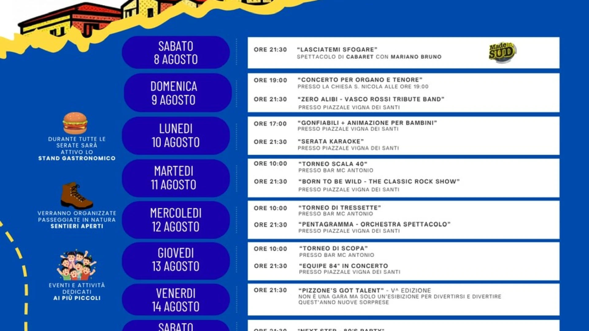 Ferragosto Pizzonese 2026, dodici giorni di eventi: Mariano Bruno, Vasco, Equipe 84