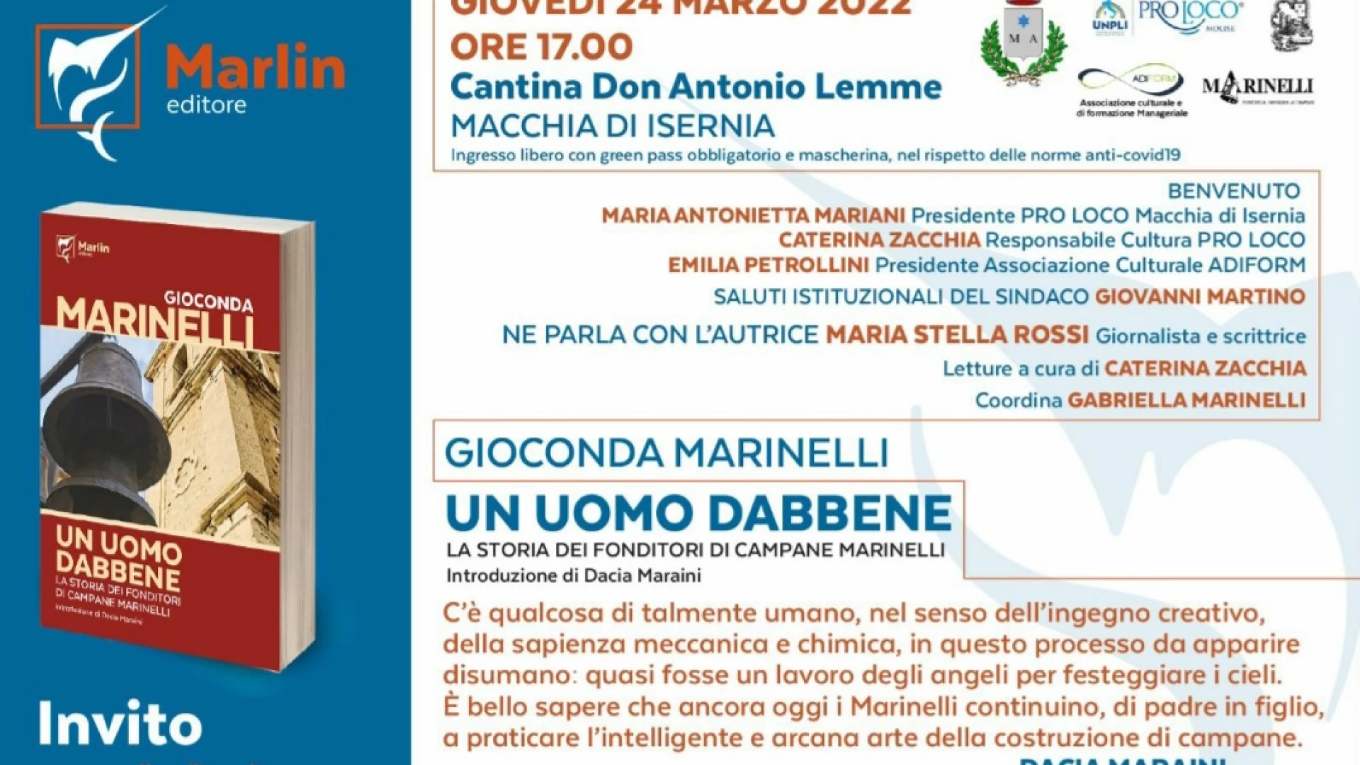 Macchia d'Isernia: giovedì 24 marzo la presentazione del volume di Gioconda Marinelli "Un uomo dabbene"