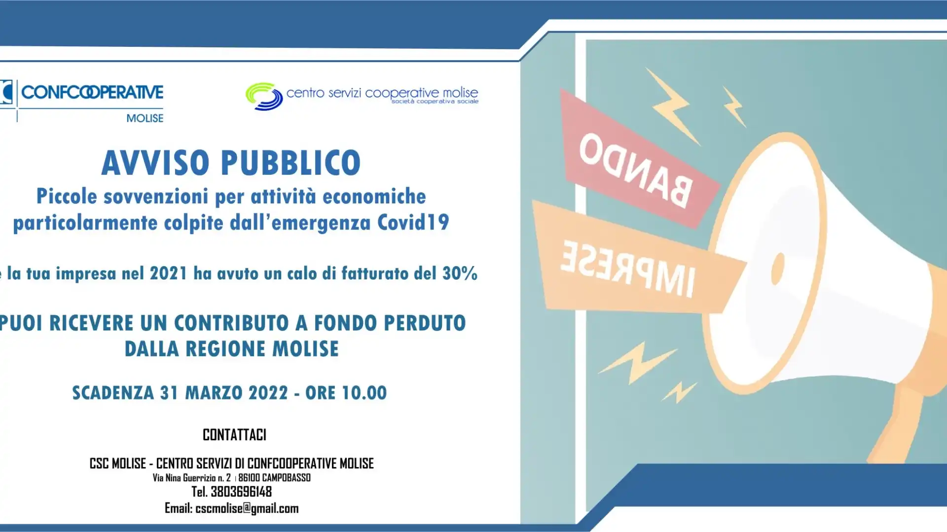 Sovvenzioni economiche per imprese colpite dall'emergenza Covid. Consulta l'avviso regionale