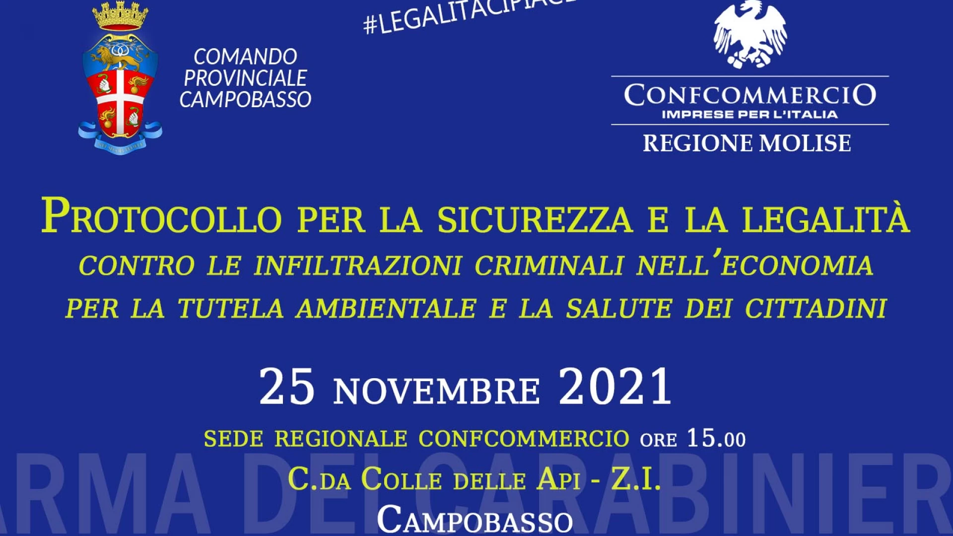 Legalità, protocollo d'intesa tra Confcommercio Molise e Arma dei Carabinieri - Invito