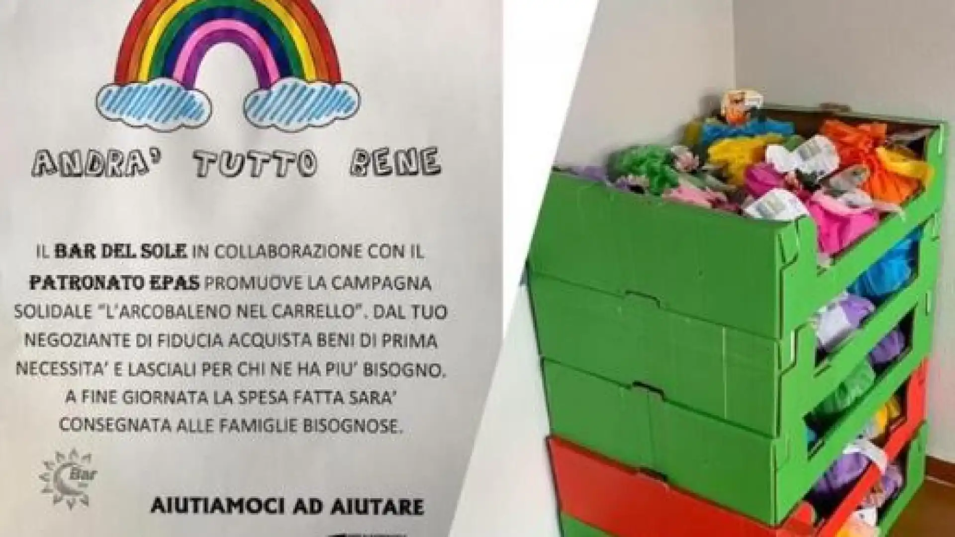 Isernia: la solidarietà non si ferma. Patronato Epas, e Bar Del Sole contribuiscono all’”Arcobaleno nel Carrello”.