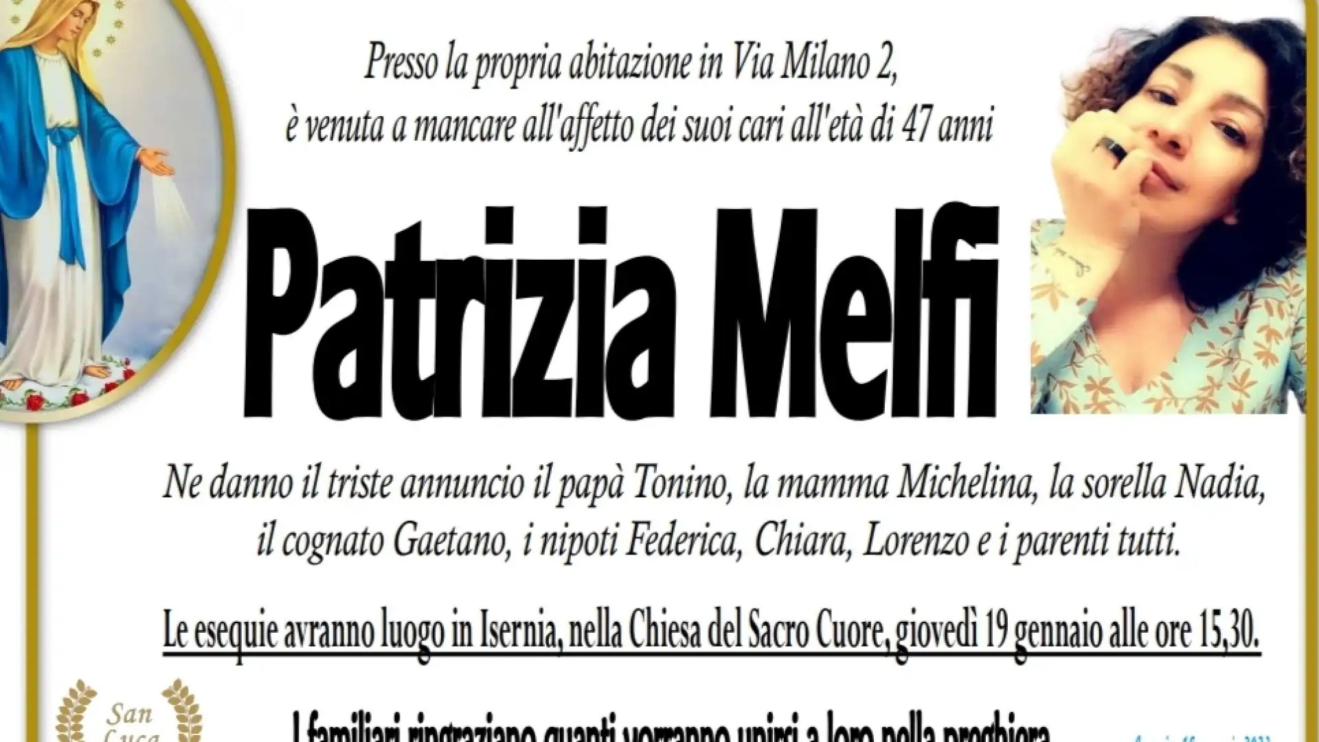 Cordoglio per la scomparsa di Patrizia Melfi ad Isernia. Nel pomeriggio i funerali.