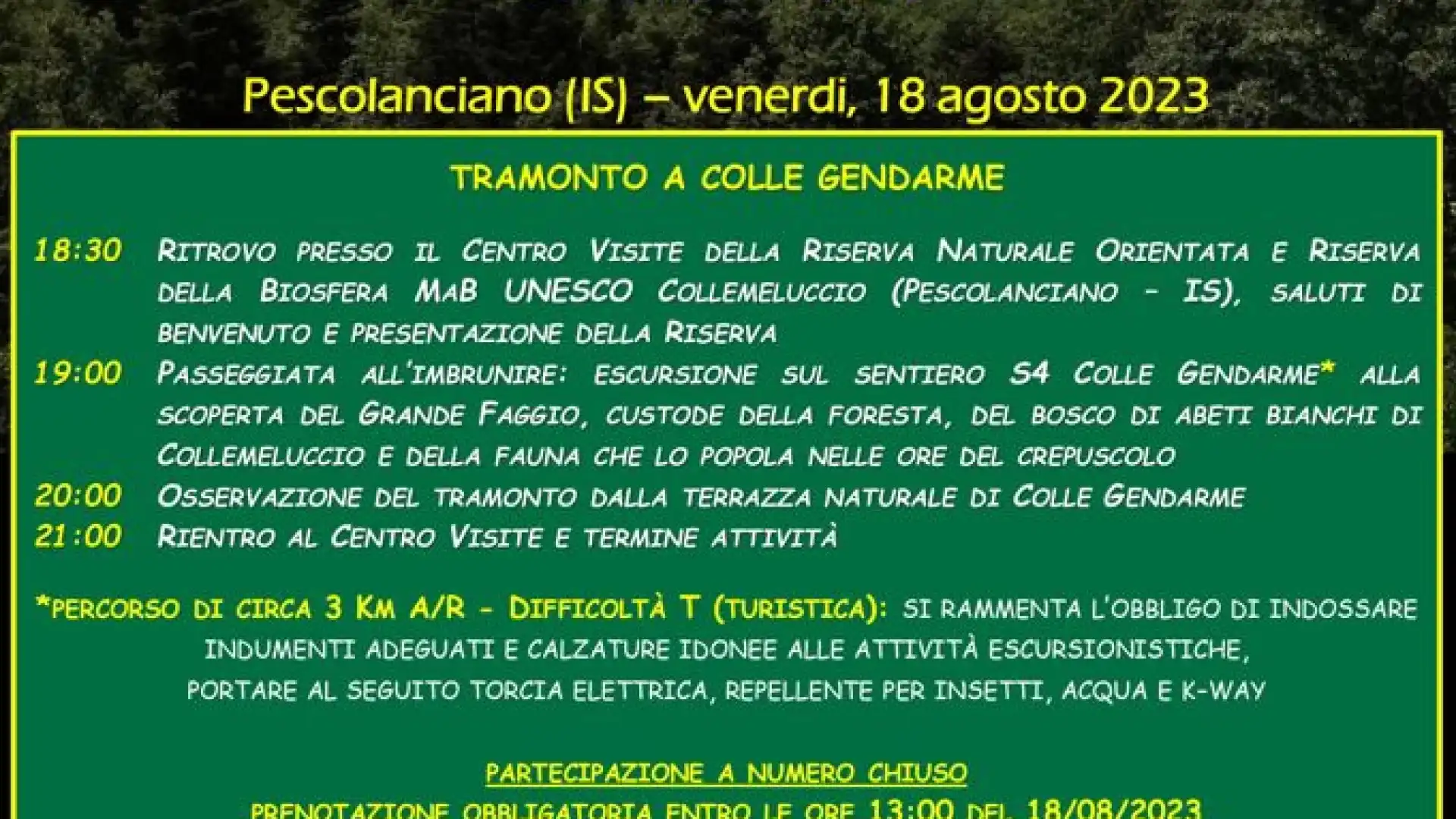 Escursione al tramonto presso la riserva di Collemeluccio. Appuntamento fissato per venerdì 18 agosto 2023.