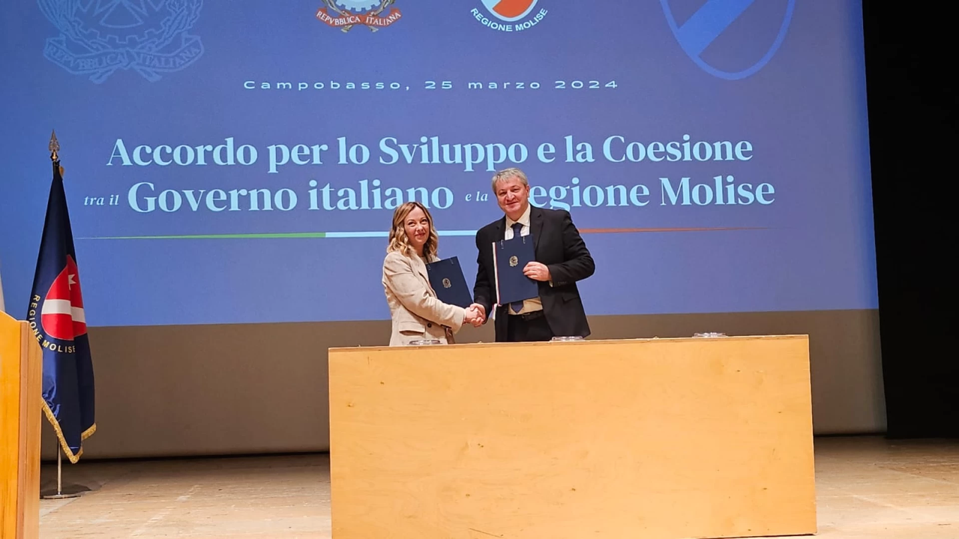 Meloni a Campobasso: firmato accordo di programma Stato-Regione. "Riusciremo ad esaltare tutte le potenzialità del Molise".