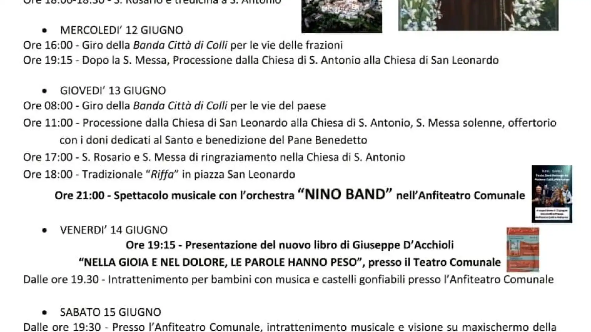 Colli a Volturno: dal 12 al 15 giugno i festeggiamenti dedicati a Sant'Antonio di Padova.