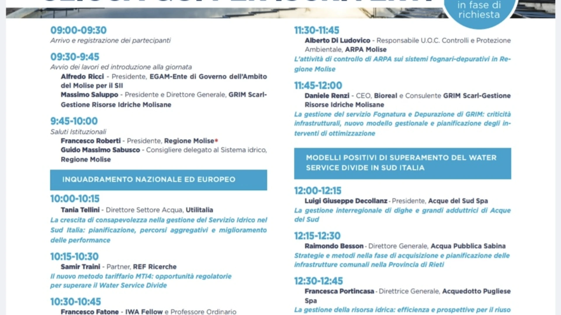 Gestione del Servizio idrico nel Sud, prestigioso convegno in programma a Campobasso