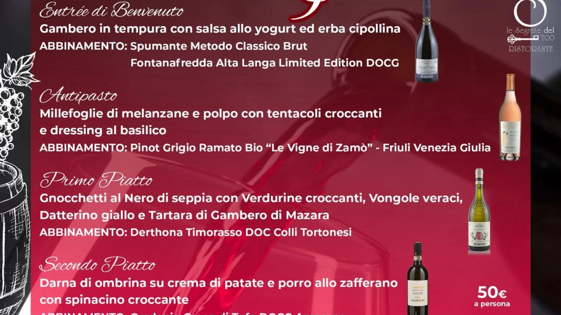 ISERNIA: Serata degustazione in giardino presso Le Segrete del 700-Osteria O'Pizzaiuolo. Il menu' completo dell'evento previsto per giovedi' 19 giugno.