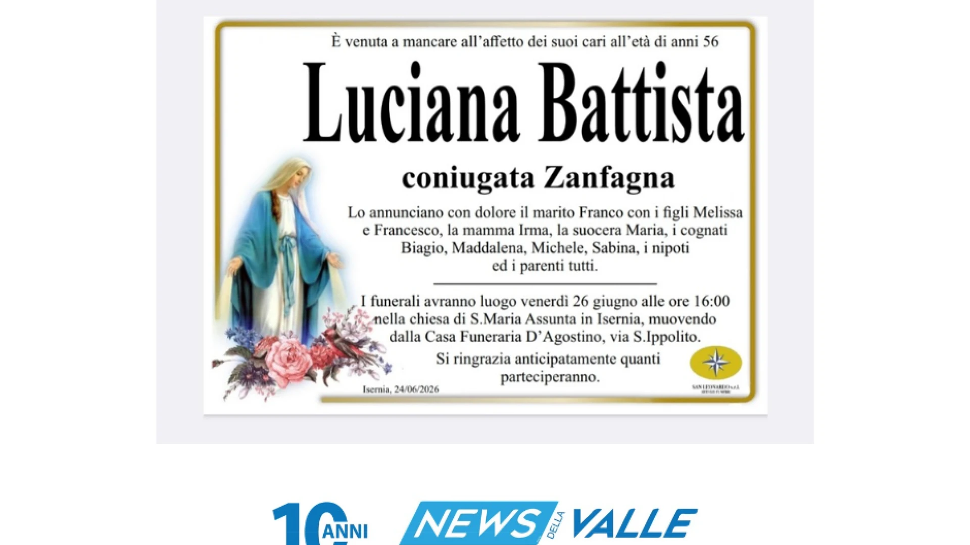 Isernia: lutto per le famiglie Zanfagna e Battista.