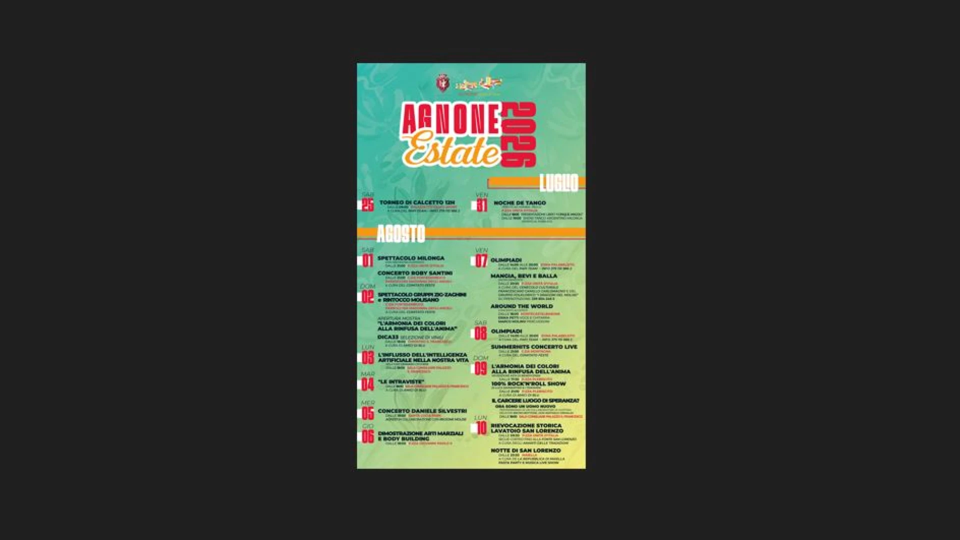 Agnone: pubblicato il calendario 2026 degli eventi estivi. Daniele Silvestri in concerto, torna la notte arancione.
