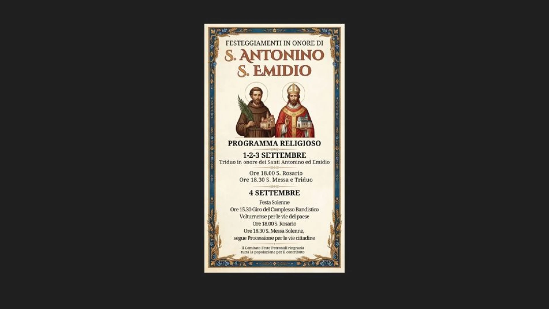 Colli a Volturno omaggia i santi Antonino ed Emidio. Il programma completo dei festeggiamenti.