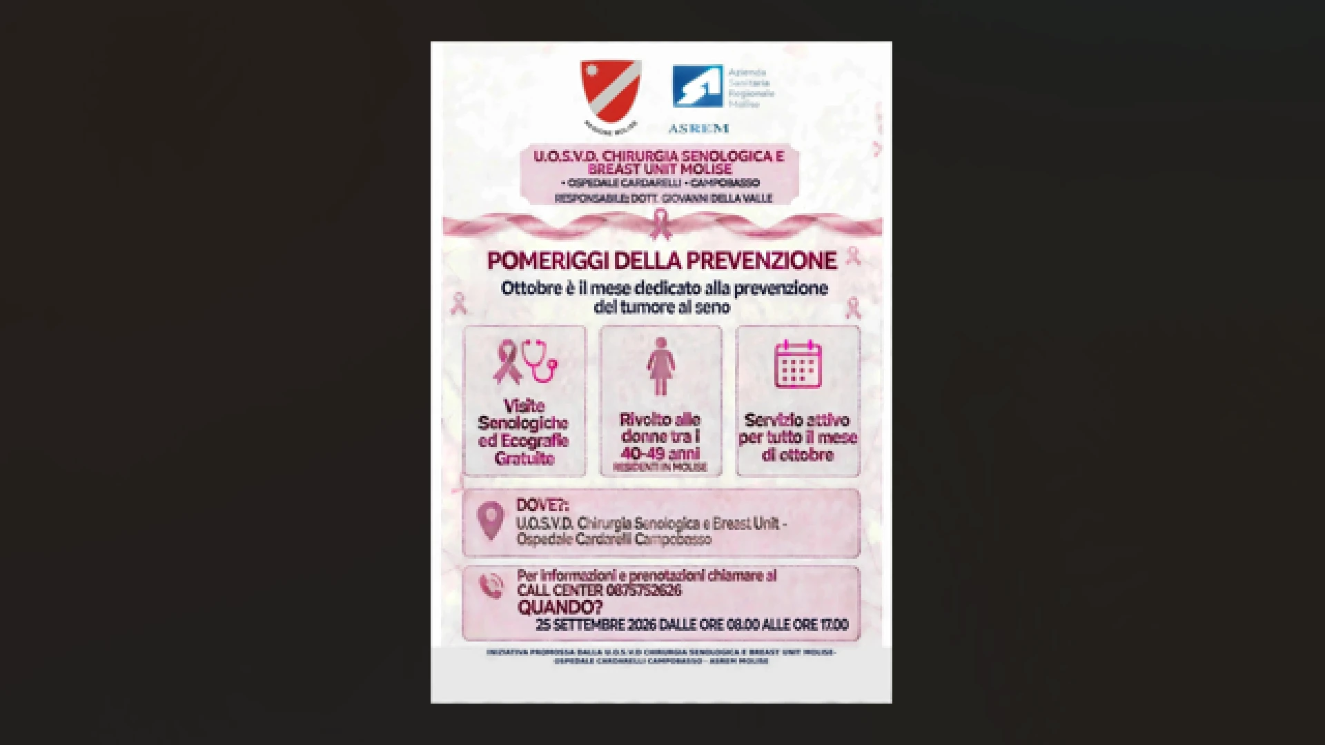 Ottobre rosa: visite ed ecografie gratuite al “Cardarelli” di Campobasso.