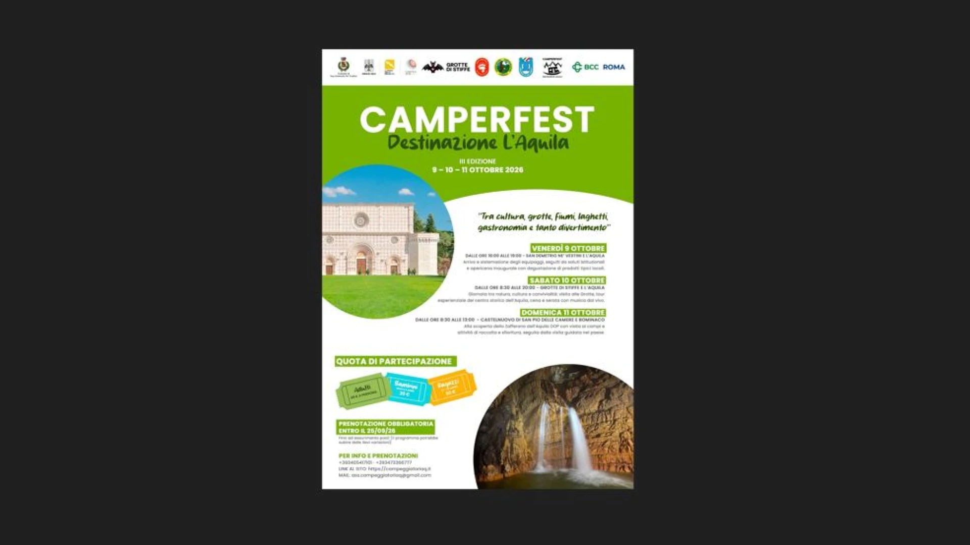 Grotte Di Stiffe: in camper alla scoperta del territorio. Torna “Camperfest” in programma dal 9 all’11 ottobre.