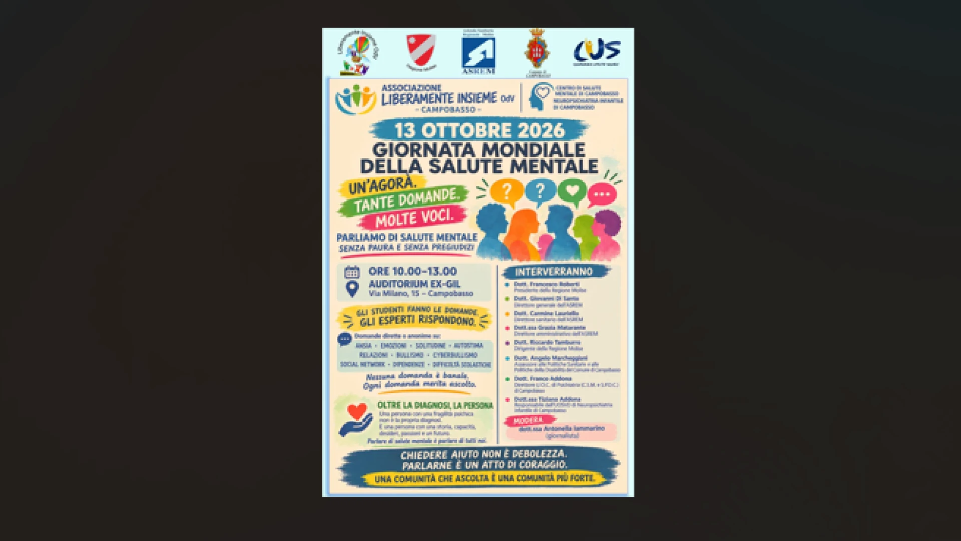 Giornata Mondiale della Salute Mentale. A Campobasso l’evento “UN’AGORA’”, TANTE DOMANDE”, MOLTE VOCI”.